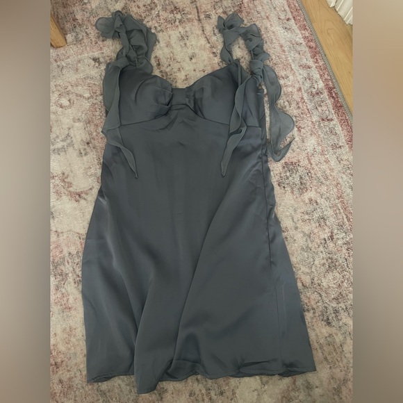 Dusty Blue Bow Satin Mini Dress - Picture 2 of 5